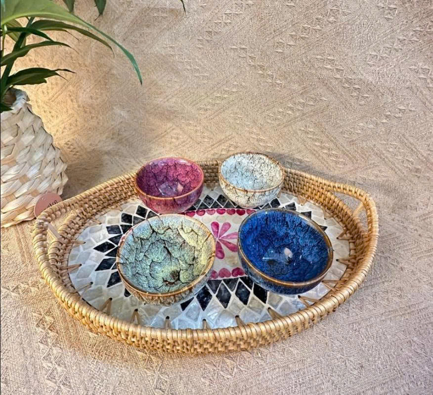 Khay mây khảm trai bầu dục